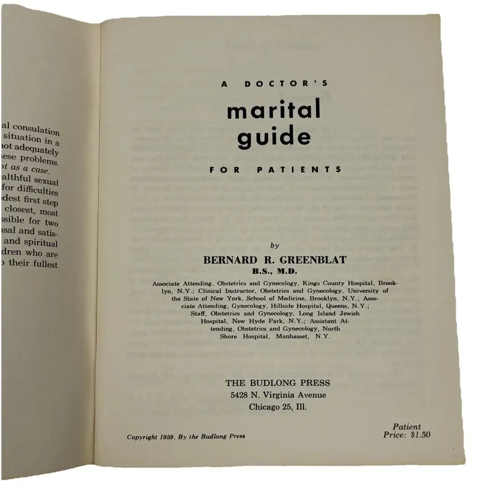 VTG 1959 A Doctor's Marital Guide For Patients Bernard Greenblat Sex Ed